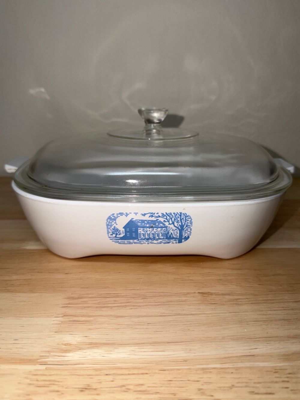 Corning Ware (Amana Radarange) White with Blue House & Scene Browning Casserole